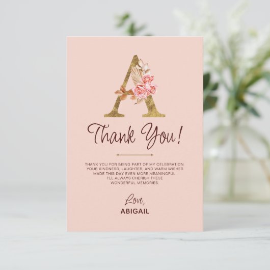 Letter A Gouden Monogram Roze Rozen Bedankkaart (Staand voorkant)