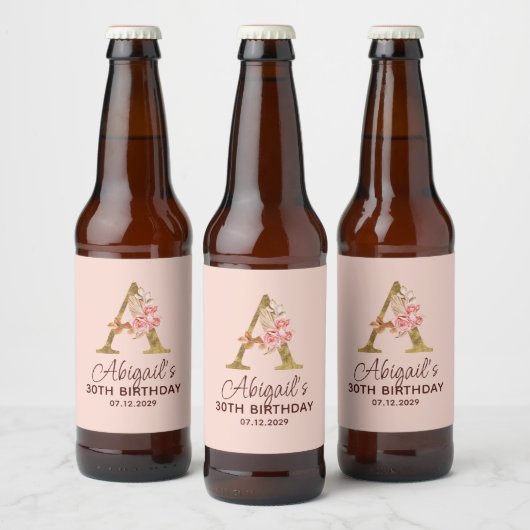 Letter A Gouden Monogram Roze Rozen Bier Etiket (Flessen)