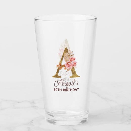 Letter A Gouden Monogram Roze Rozen Glas (Voorkant)