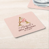 Letter A Gouden Monogram Roze Rozen Kartonnen Onderzetters (Schuin)