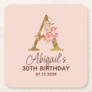 Letter A Gouden Monogram Roze Rozen Kartonnen Onderzetters