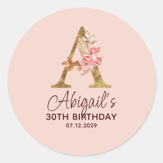 Letter A Gouden Monogram Roze Rozen Ronde Sticker (Voorkant)