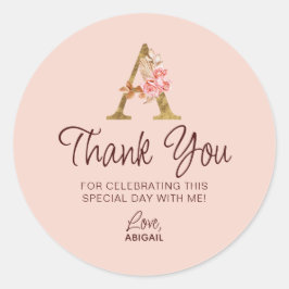 Letter A Gouden Monogram Roze Rozen Ronde Sticker