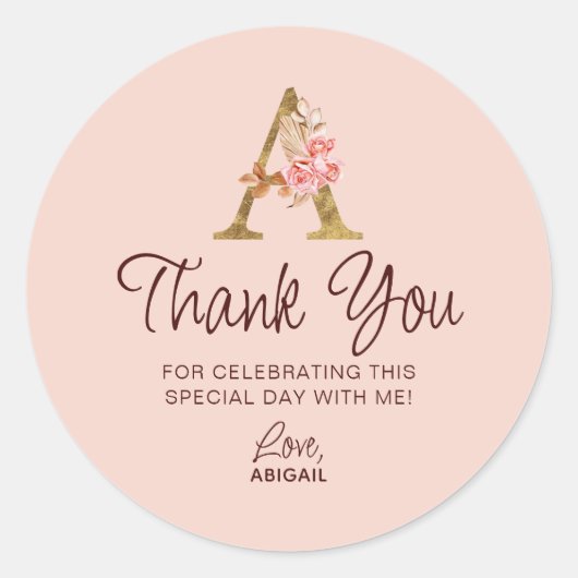 Letter A Gouden Monogram Roze Rozen Ronde Sticker (Voorkant)