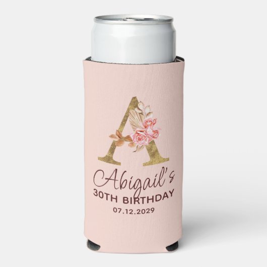 Letter A Gouden Monogram Roze Rozen Seltzer Blikjeskoeler (Seltzer Voorkant)