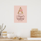 Letter A Gouden Monogram Roze Rozen Welkom Poster (Keuken)