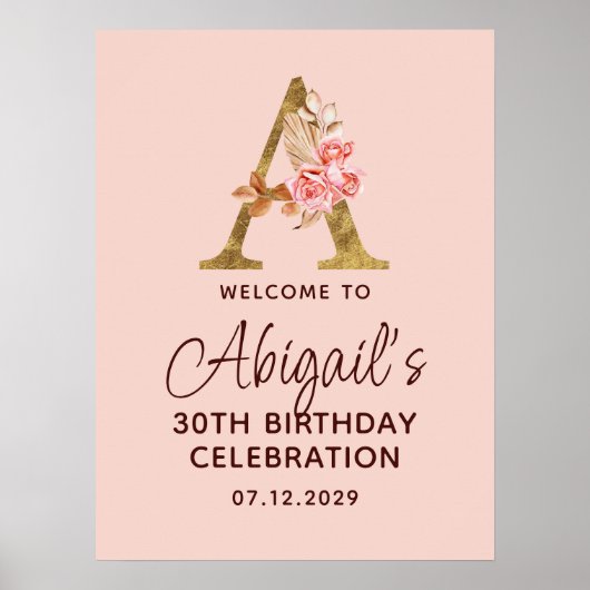 Letter A Gouden Monogram Roze Rozen Welkom Poster (Voorkant)