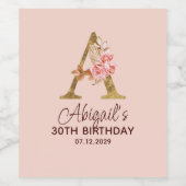 Letter A Gouden Monogram Roze Rozen Wijn Etiket (Enkel label)