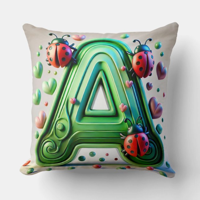 🌸 Letter A Lieveheersbeestje Bloemige Monogram  � Kussen (Voorkant)