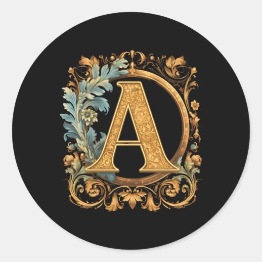 Letter A met scrollen en blauwe bloemrand Ronde Sticker (Voorkant)