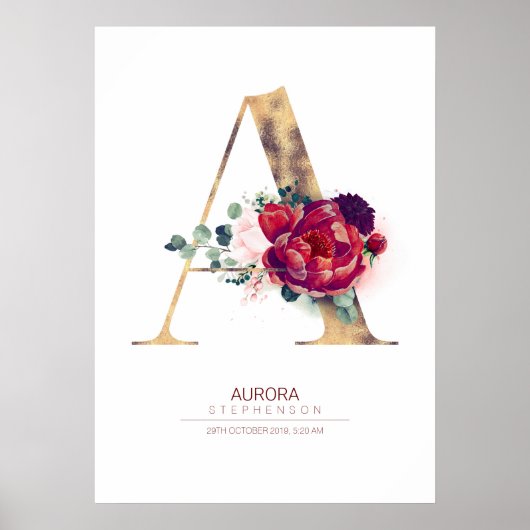 Letter A Monogram Bloem Burgundyrood en Goud Poster (Voorkant)