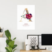 Letter A Monogram Floral Burgundy Red en Gold Poster (Thuiskantoor)