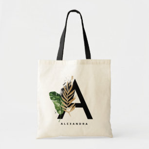 Letter A Monogram Gold Foil Tropical Personalized Tote Bag