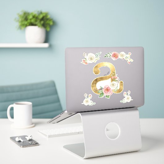 Letter A Monogram Goud Roos Bloemen Waterverf Sticker (Laptop op bureau)