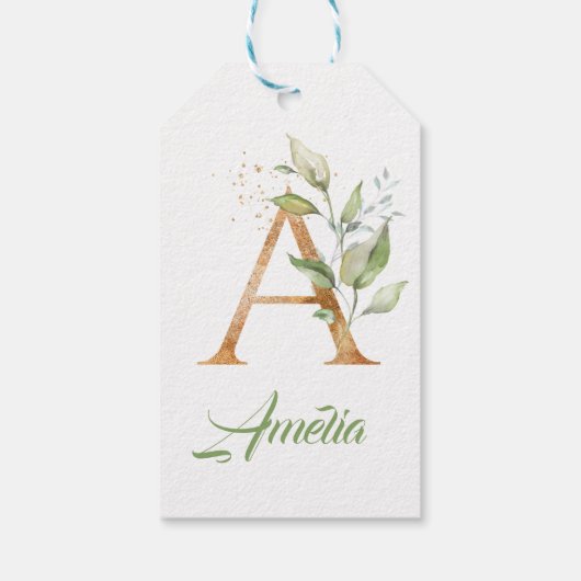 Letter A monogram groen gebladerte eucalyptus goud Cadeaulabel (Achterkant)