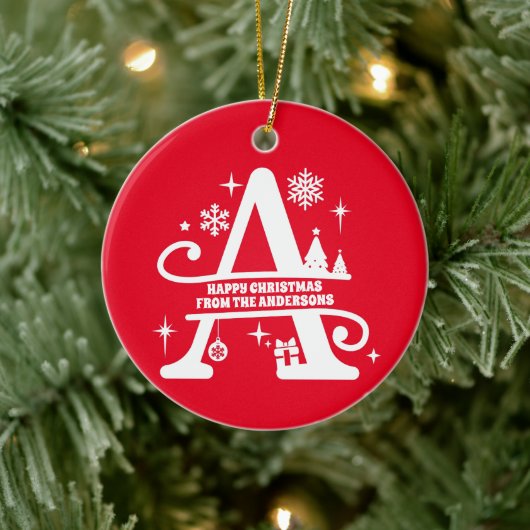 Letter A Monogram Initiaal Familienaam Greep Keramisch Ornament (Boom)