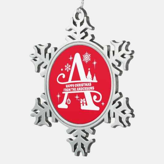 Letter A Monogram Initiaal Familienaam Greep Tin Sneeuwvlok Ornament (Rechts)