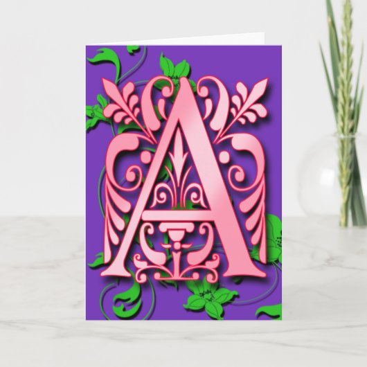Letter A Monogram Initiaal op roze Paarse kaarten Notitiekaartje (Voorkant)