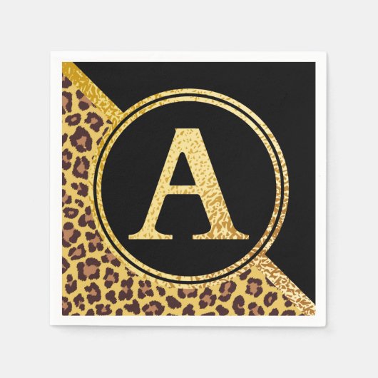 Letter A Monogram Leopard Print Gold and Black Servet (Voorkant)