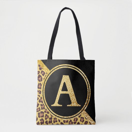 Letter A Monogram Leopard Print Gold and Black Tote Bag (Voorkant)