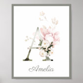 Letter A Monogram Pink Peony Rozen Nursery Poster (Voorkant)