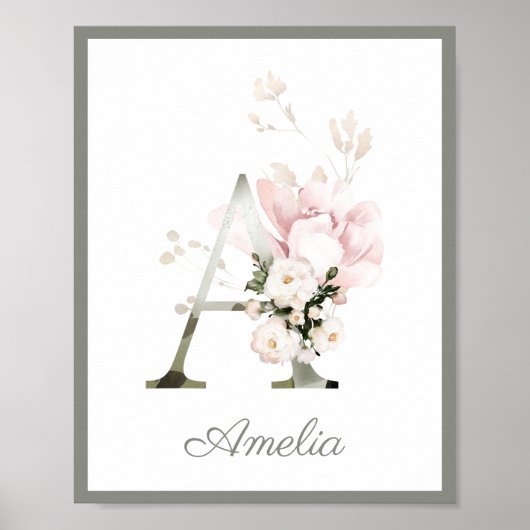 Letter A Monogram Pink Peony Rozen Nursery Poster (Voorkant)