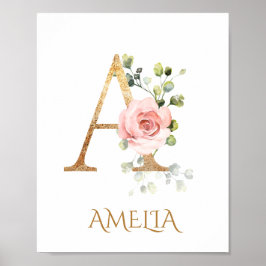 Letter A Monogram Roze Peach roos Nursery Poster