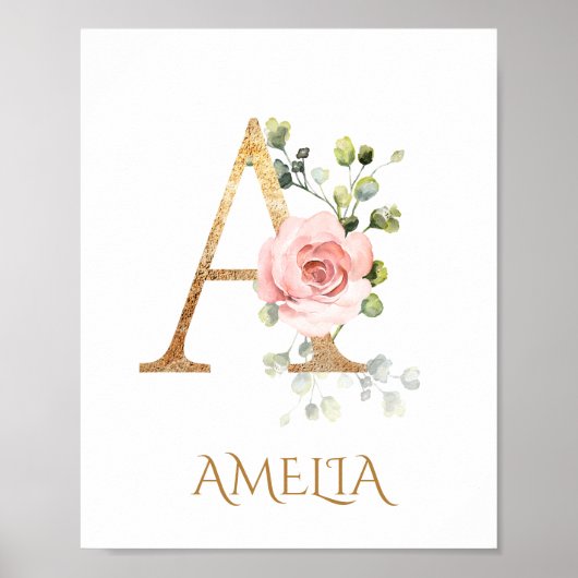 Letter A Monogram Roze Peach roos Nursery Poster (Voorkant)
