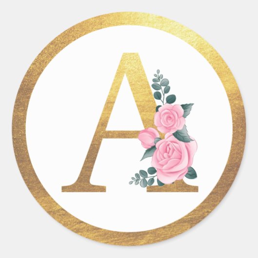Letter A Monogram Roze Rozen Bloemen & Elegant Gou Ronde Sticker (Voorkant)