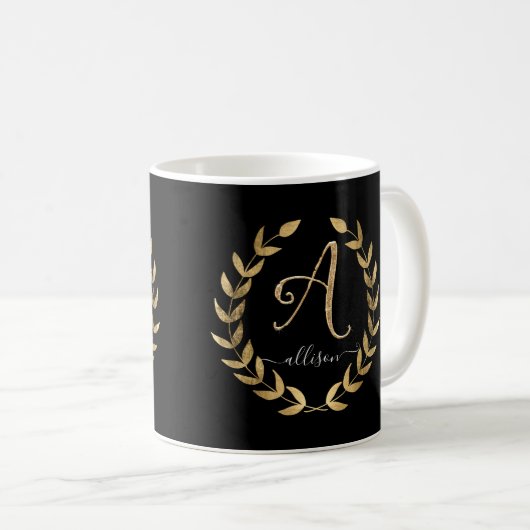 Letter A Monogram Script Name Black n Gold Koffiemok (Voorkant rechts)