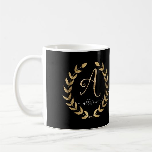 Letter A Monogram Script Name Black n Gold Koffiemok (Links)