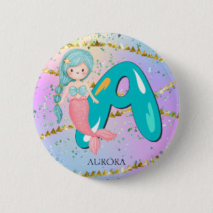 Letter A Monogram Waterverf Cute Mermaid Nursery Ronde Button 5,7 Cm