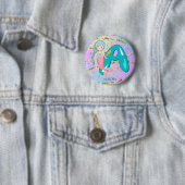 Letter A Monogram Waterverf Cute Mermaid Nursery Ronde Button 5,7 Cm (In situ)