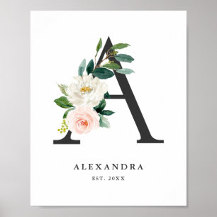Letter A Monogram Waterverf Peach Florals Nursery Poster