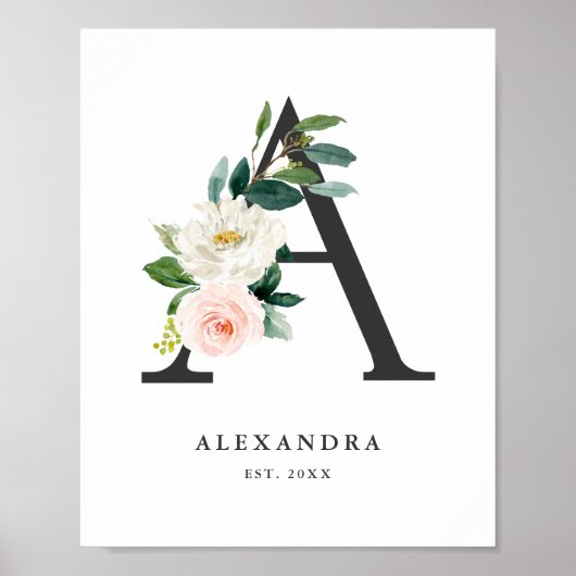 Letter A Monogram Waterverf Peach Florals Nursery Poster (Voorkant)