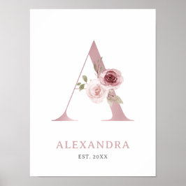 Letter A Monogram Waterverf Roos Bloemen Kinderkam Poster