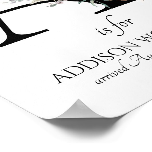Letter A Nieuwe Baby Bloemige Monogram Geboorte Poster (Hoek)
