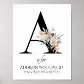 Letter A Nieuwe Baby Bloemige Monogram Geboorte Poster (Voorkant)