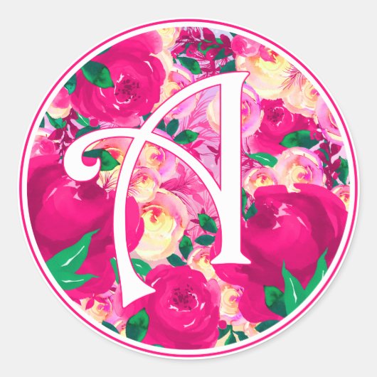 Letter A Roze Waterverf Bloemencirkel Monogram Ronde Sticker (Voorkant)