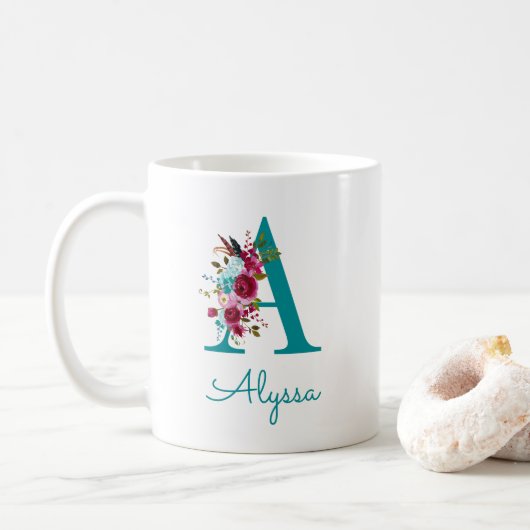 Letter A Teal Roze Bloem Koffiemok (Met donut)