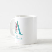 Letter A Teal Roze Bloem Koffiemok (Voorkant links)