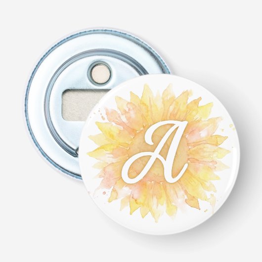 Letter A Zonnebloem Voornaam Monogram Initiaal  Button Flesopener (Voorkant)