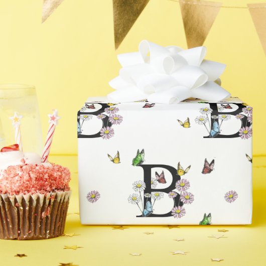 Letter B Bloemenschildering Vlinder Monogram Cadeaupapier (Verjaardagsfeest)