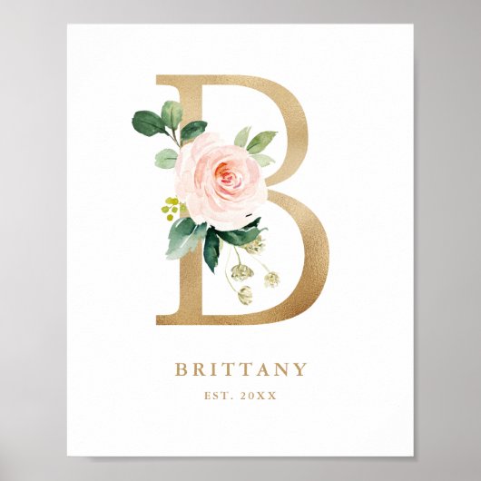 Letter B Blush Floral Monogram Gold Foil Nursery Poster (Voorkant)