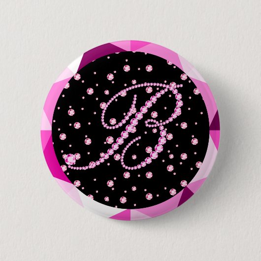 Letter B Diamanten Monogram Roze Diamant Patroon Ronde Button 5,7 Cm (Voorkant)