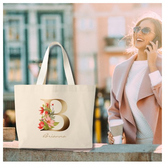Letter B Elegant Floral Gold Monogram Grote Tote Bag