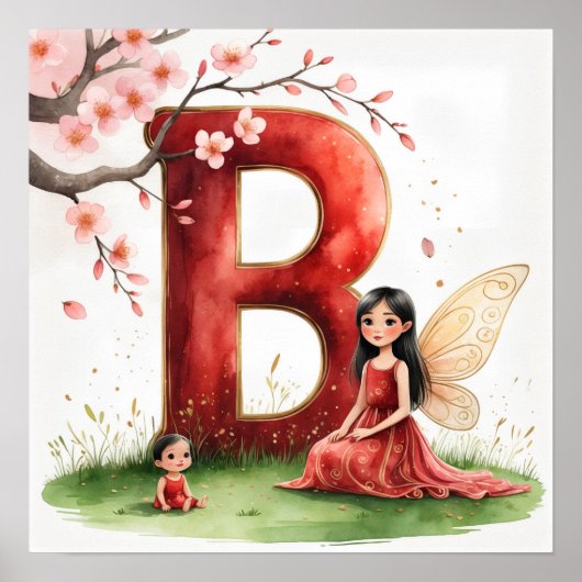 Letter B Fairy Art Poster - Cherry Blossoms (Voorkant)