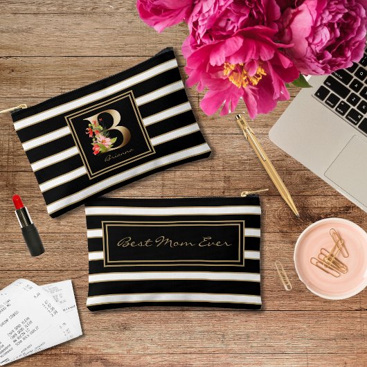 Letter B Floral Monogram Zwart Wit Goud Strepen Etui