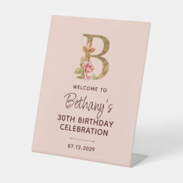 Letter B Gouden Monogram Roze Rozen Bord Reclamebord Met Voetstuk
