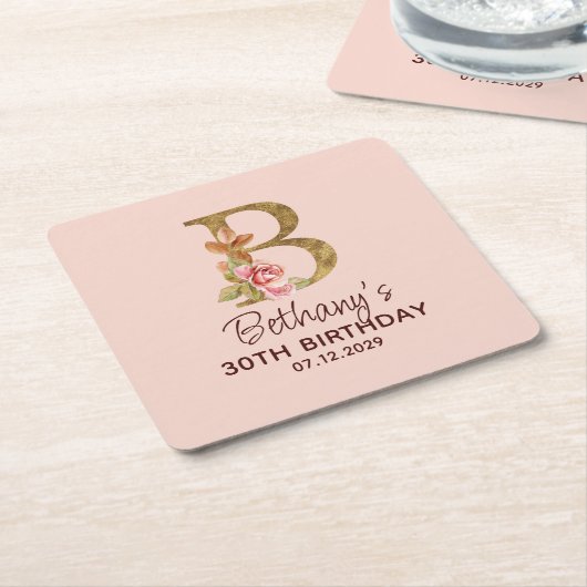 Letter B Gouden Monogram Roze Rozen Kartonnen Onderzetters (Schuin)